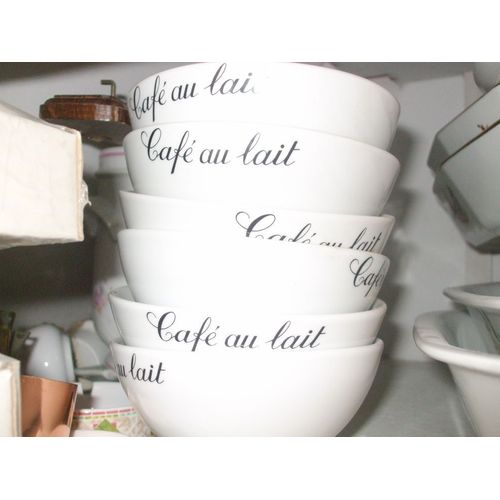 6 Bols Blancs Avec Inscription "Café Au Lait"