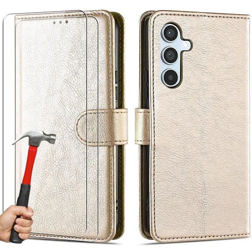Coque Portefeuille Avec 2 Verres Trempés Pour Samsung Galaxy A54 5g - Effect Cuir Doré - Booling