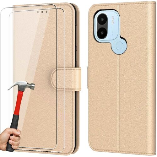 Coque Pour Redmi A1+ / A1 Plus - Portefeuille Cuir Pu Doré + 2 Verres Trempés Anti-Rayures - Booling