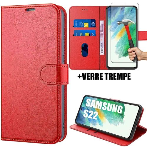Lot 2 Verres Trempes + Coque Pour Samsung S22 (6.1'') Rouge Effet Cuir Anti-Choc Protection 360 Degre