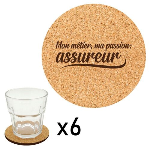 Lot De 6 Dessous De Verre En Liège Gravés Métier Passion Assureur