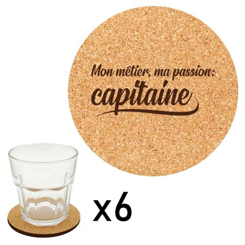 Lot De 6 Dessous De Verre En Liège Gravés Métier Passion Capitaine