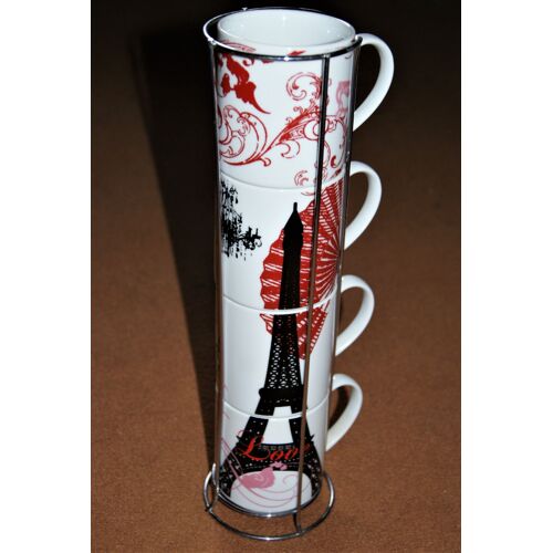 Set De 4 Mugs En Porcelaine Sur Colonne - Decor "Tour Eiffel"