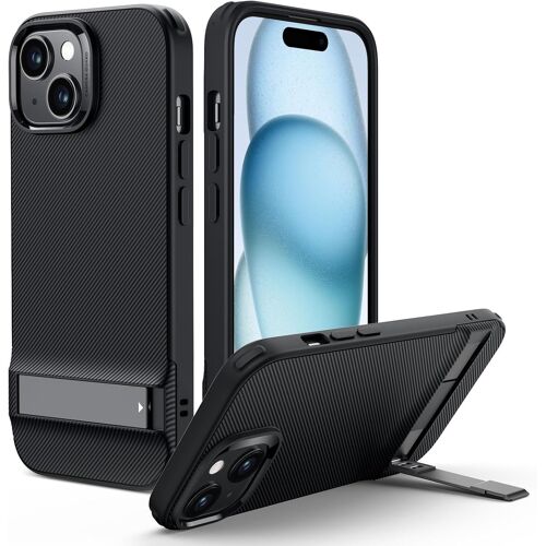 KALANKA-Coque pour iPhone 15, Coque avec Béquille en Métal, 3 Modes de Support, Protection Anti Chutes de Qualité Militaire, Recharge sans Fil, Dos Fin avec Béquille Brevetée, Série Boost, Noir