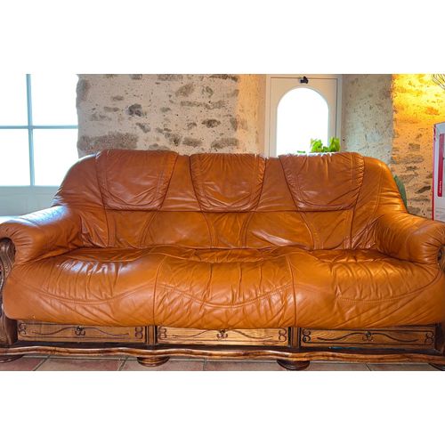 Salon : Canapé 3 Places Et/Ou 2 Fauteuils En Cuir Marron Avec Tiroirs