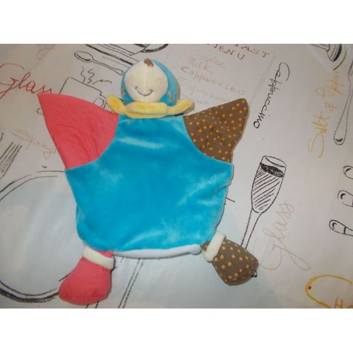 Doudou Plat Bleu Rouge Marron Taupe Marionnette Nounours 7816