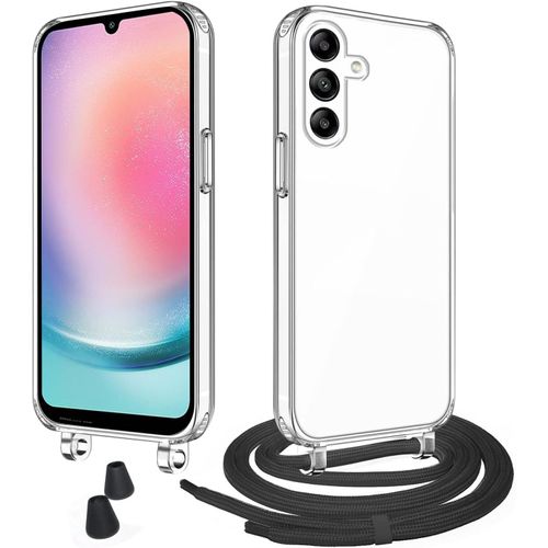 Kal-Étuis À Bandoulière Et Cordon Pour Samsung Galaxy A24 4g/5g Coque,Transparent Collier Réglable Téléphone Étui Portable Lanyard Case Protection Complète Cover,Noir