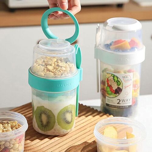 Pot À Démontrent D'avoine Portable Avec Couvercle Et Cuillère, Récipient Pour La Nuit, 2 Niveaux, Petit-Déjeuner En Déplacement, Standard, Yogsigned, Paquet De 2