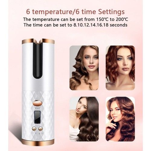 Fer A Boucler Automatique Boucleur A Cheveux, Fer A Onduler Portable Rotatif Rechargeable, Sans Fil Boucleur Automatique Avec Lcd, 4 Températures Réglable Anti-Brûlures-Blanc