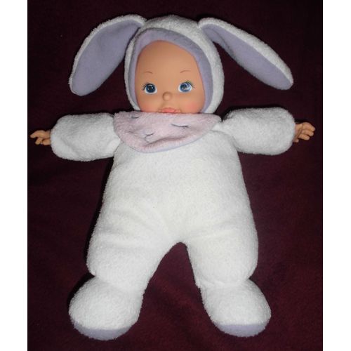Poupée Doudou Déguisé En Lapin  Blanc Et Violet Bavoir Rose 