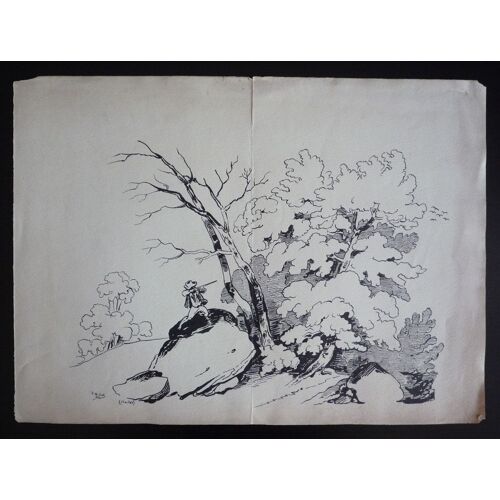 Dessin Original Signé V. Millot : Homme Armé D'un Fusil