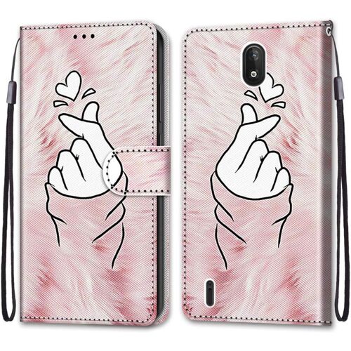 Coque Pour Nokia C2, Etui En Cuir Pu Portefeuille Housse Coque Avec 360 Degres Silicone Antichoc Protection Cover Cuir Pochette Magnetique Und Flip Bequille (Doigt Coeur)