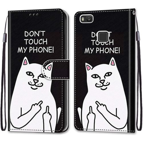 Coque Pour Huawei P9 Lite, Etui En Cuir Pu Portefeuille Housse Coque Avec 360 Degres Silicone Antichoc Protection Cover Cuir Pochette Magnetique Und Flip Bequille (Chat 5)