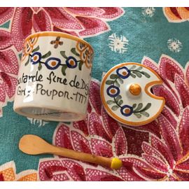 Petit Pot À Moutarde En Faience Blanche Peinte À La Main Moutarde Fine De Dijon Grey Poupon Avec Cuillère En Bois D'olivier