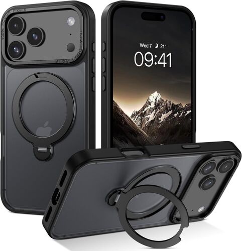 Coque iPhone 17 Pro Max - Housse Anti-Choc Semi-Transparente au Toucher Satiné - avec Support Magnétique Rotatif à 360°, Boutons Métalliques - Protection Écran et Caméra Surélevées, Noir