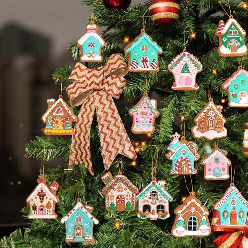 16PC Christmas Decoration Christmas Wooden Hollow House Pendant Home Decoration GAO241586