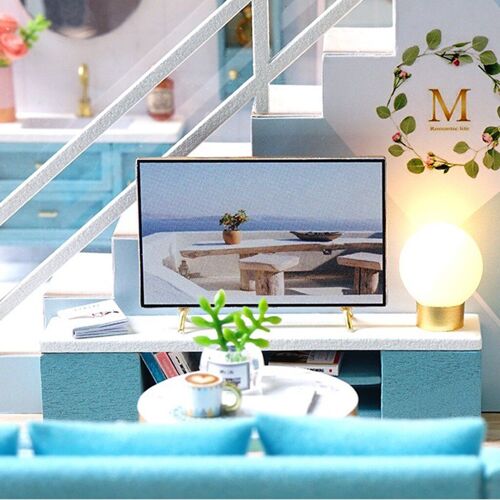 Kit De Maison De Poupée Miniature, Échelle 1:24, Appartement Bleu Avec Lumières, Diy