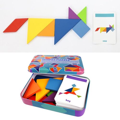 Tangram En Bois Pour Enfants, Puzzle Montessori, Bloc De Tri, Jeu D'Empilage, Jouet Pour Garçons Et Filles, 7 Pièces De Blocs Et 60 Cartes