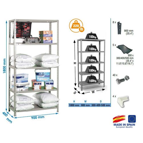 RAYONNAGE 1800 X 900 X 400 MM- 5 RAYONS = 500 KGS