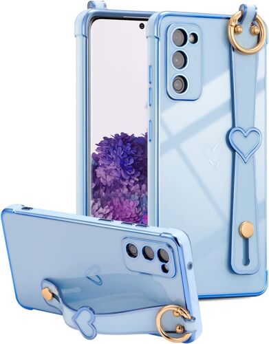Coque pour Samsung Galaxy S20 FE 4G/5G avec Dragonne Retractable, etui en Silicone Souple Flexible avec Motif Coeur Porte-Doigts Poignee de Support Housse Antichocs, Bleu Sierra
