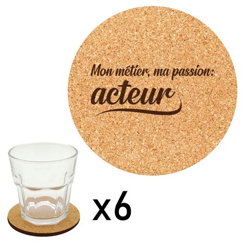 Lot De 6 Dessous De Verre En Liège Gravés Métier Passion Acteur