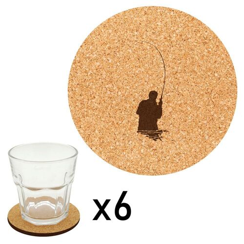 Lot De 6 Dessous De Verre En Liège Gravés Pêcheur