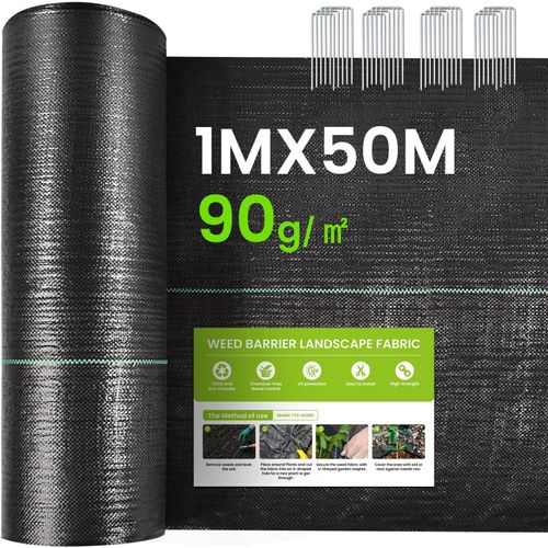 Asfasfq-Toile De Paillage 1x50m, 50¿ - Avec 20pcs De Piquets,Geotextile Anti Repousse 90g/M²,Fibre De Polypropylène (Pp),Perméable À L'eau Et Indéchirable,Résiste Rayons Uv,Anti Mauvaises Herbes