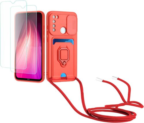 Cordon De Coque Compatible Avec Redmi Note 8+[2 Pi¿¿Ces Verre Tremp¿¿],Couvercle Coulissant De La Cam¿¿Ra+Support Annulaire ¿¿ 360 Degr¿¿S,Fentes Pour Cartes Silicone Case-Rouge