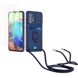 Cordon De Coque Compatible Avec Samsung Galaxy A32 4g+[2 Pi¿¿Ces Verre Tremp¿¿],Couvercle Coulissant De La Cam¿¿Ra+Support Annulaire ¿¿ 360 Degr¿¿S,Fentes Pour Cartes Silicone Case-Bleu Marin