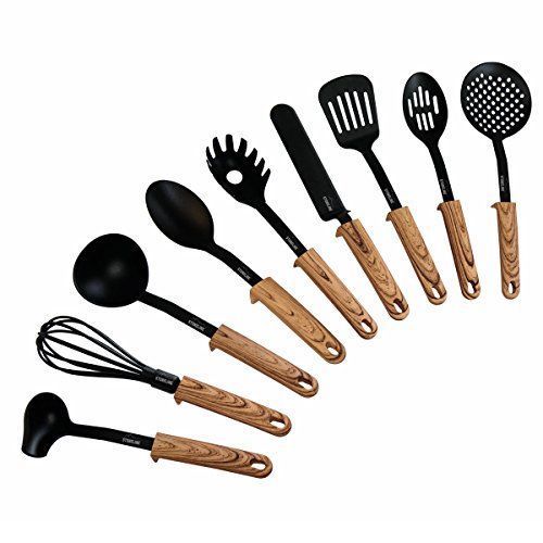 Stoneline 17898back To Nature Set D'ustensiles De Cuisine Avec Support Pratique, Poignées En Bois Effet Bois, Plastique, Noir, 35,5x 15,5x 10,5cm, 9unités