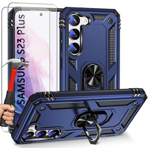 2 Verres Trempés + Coque Pour Samsung Galaxy S23+ (S23 Plus) Bleu Marine Rigide Anneau Arrière - Booling
