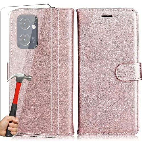 Pack De 2 Verres Trempés Avec Coque Pour Oppo Find X5 Lite Rose Porte-Carte Portefeuille Effet Cuir - Booling