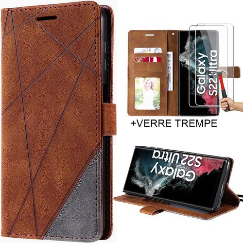 Coque + 2 Verres Trempés pour Samsung S22 Ultra - Coque à Motif Rayure Effet Cuir Marron - BOOLING