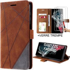 Coque + 2 Verres Trempés pour Samsung S22 Ultra - Coque à Motif Rayure Effet Cuir Marron - BOOLING