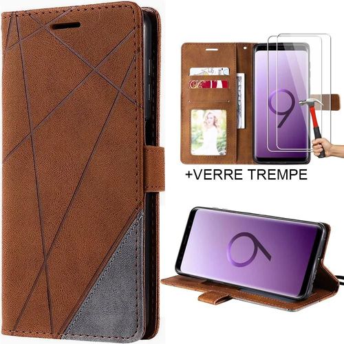 Coque Pour Samsung Galaxy S9 Avec 2 Verres Trempés, Protection Effet Cuir Marron - Booling