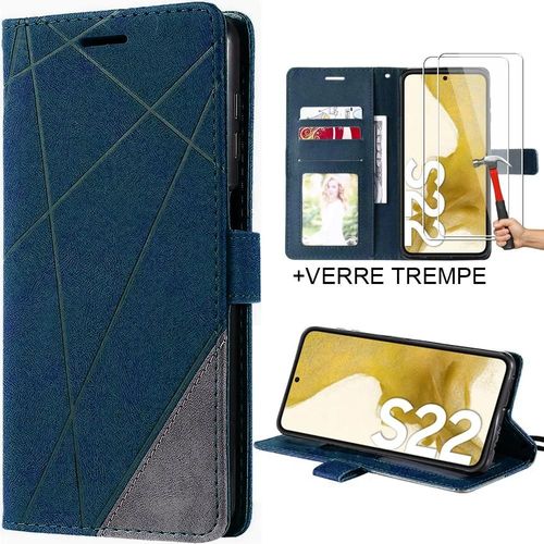 Coque Pour Samsung Galaxy S22 Avec 2 Verres Trempés, Effet Cuir Antichoc Intégral Bleu Marine - Booling