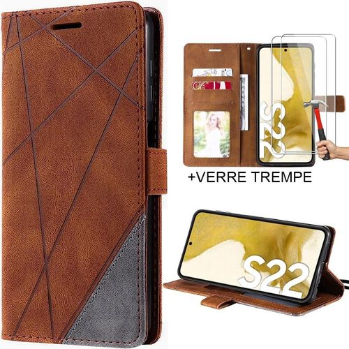 Lot De 2 Verres Trempés+ Coque Pour Samsung S22 - Protection Intégrale Anti-Rayure Effet Cuir Marron - Booling