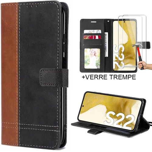 Coque Pour Samsung Galaxy S22 Avec 2 Verres Trempés - Protection Effet Cuir Marron/Noir - Booling