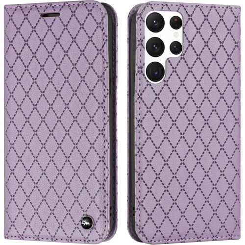 Coque Pour Samsung Galaxy S22 Ultra 5g, Pu Cuir A Rabat Flip Housse Etui Pour Samsung Galaxy S22 Ultra 5g 6.8"" Avec Motif Dessin Retro Gaufrage, Etui Case Antichoc Cover Portefeuille, Violet