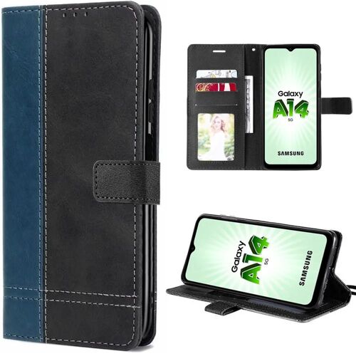 Coque Pour Samsung Galaxy A14 5g Souple Antichoc Cuir Pu - Noir/Bleu Marine - E.F.Connection