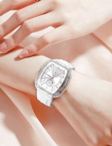 Watch With Rectangular Plastic Dial With A Cylicone Bracelet
