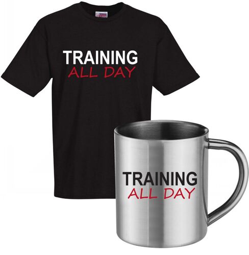 Ensemble Tee Shirt Noir Et Mug Inox Training All Timetee Shirt Humoristique De Bonne Qualité. Pour La Fête Des Pères, Fêtes Des Mères, Saint Valentin...Mug En Inox Format 80 Mm X 70 Mm De Diametre