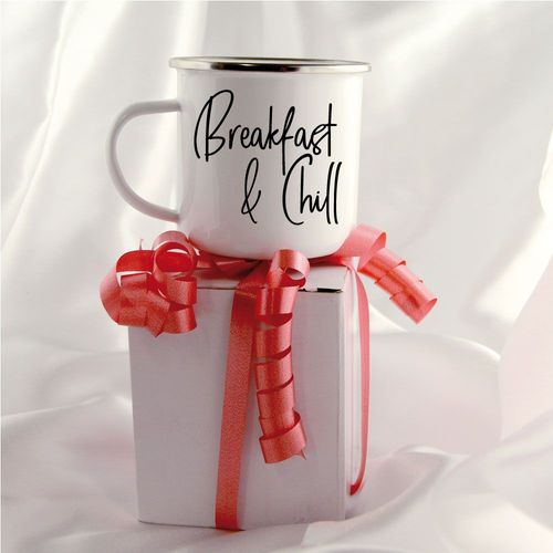 Mug Inox Blanc Breakfast & Chill Cadeau Fête Des Mères, Fête Des Pères Ou Toutes Autres Occasions.