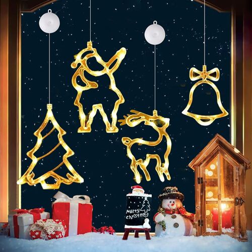 KAL-4 Pièces Lumineuse De Noël De Fenêtre Lumières De Ventouse À Led Du Sapin De Noël Père Noël Cloches Wapiti De Noël Suspensions De Fenêtre Pour La Décoration De Noël (Xmas Set A)