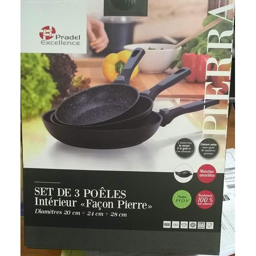 3 Poêles 20/24/28 Cm Manches Amovibles, Induction, Antiadhésive,