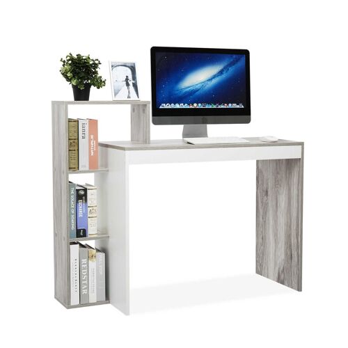 Bureau D'ordinateur, Bureau Informatique, Table De Travail, Avec Tiroir, Etagère De Rangement, En Bois, Blanc&gris - Meerveil