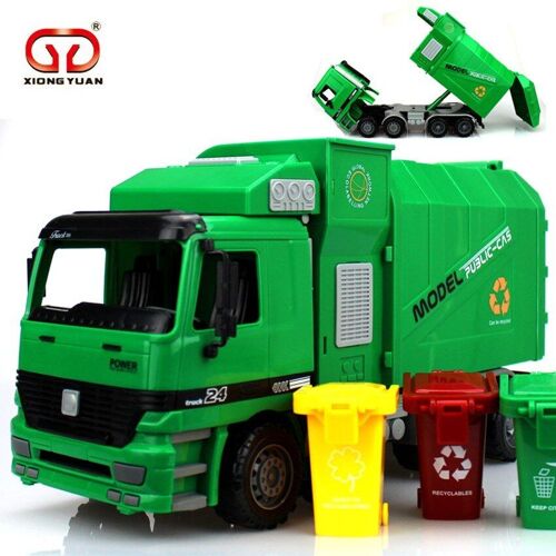 Camion De Grande Taille, Chargement Latéral, Transfert Des Ordures, Voiture Tricolore Vert, Camion Sanitaire, Peut Être Soulevé Avec 3 Poubelles