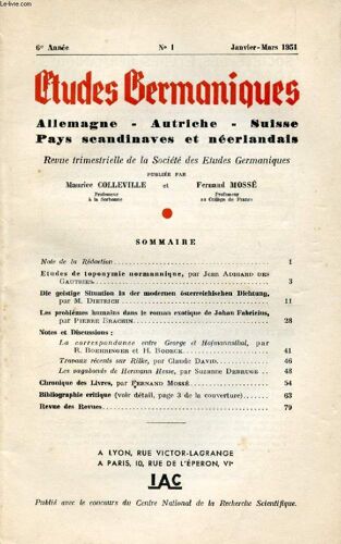Etudes Germaniques, 6e Annee, N° 21, Jan.-Mars 1951, Allemagne, Autriche, Suisse, Pays Scandinaves Et Neerlandais (Sommaire: Note De La Rédaction. Etudes De Toponymie Normannique, Par Jean ...