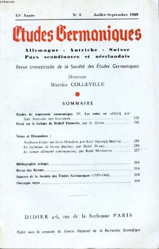 Etudes Germaniques, 15e Annee, N° 59, Juillet-Sept. 1960, Allemagne, Autriche, Suisse, Pays Scandinaves Et Neerlandais (Sommaire: Études De Toponymie Normannique. Iv. Les Noms En -Dal[Le] ...