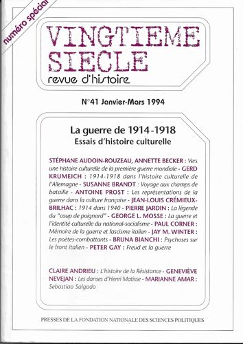 Vingtième Siècle, Revue D'Histoire. N°41. Janvier-Mars 1994. La Guerre De 1914-1918, Essais D'Histoire Culturelle. [Broché] [Revue - Collectif]